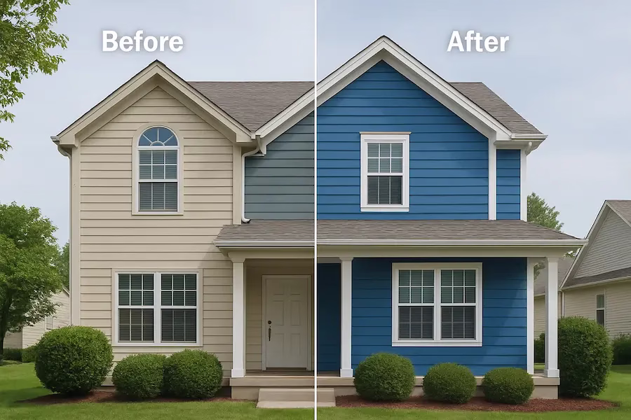 Before and after photos showing exterior house painting transformation in Endicott NY residential neighborhood