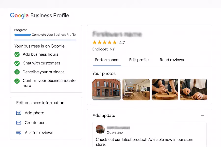 Google Business Profile optimization dashboard showing completed sections and star ratings for Endicott NY business