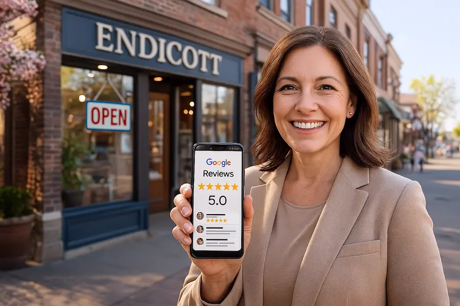 Successful Endicott NY business owner with optimized Google Business Profile showing 5-star reviews and increased visibility