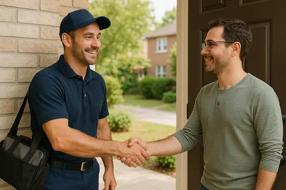 Home service professional greeting a customer at the door