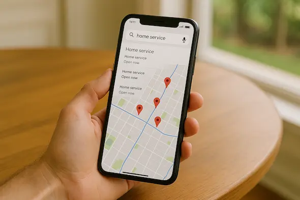 Homeowner searching for a local business on a phone